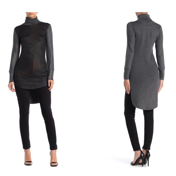 NWOT GO COUTURE Peacock Print Turtleneck High/Low Tunic Sweater Charcoal Color - Picture 1 of 12